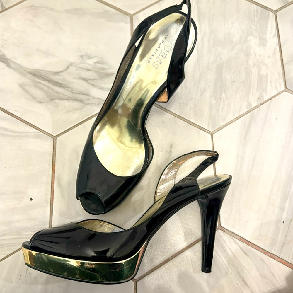 Guess by Marciano Patent Black leather and Gold Platform Slingbacks